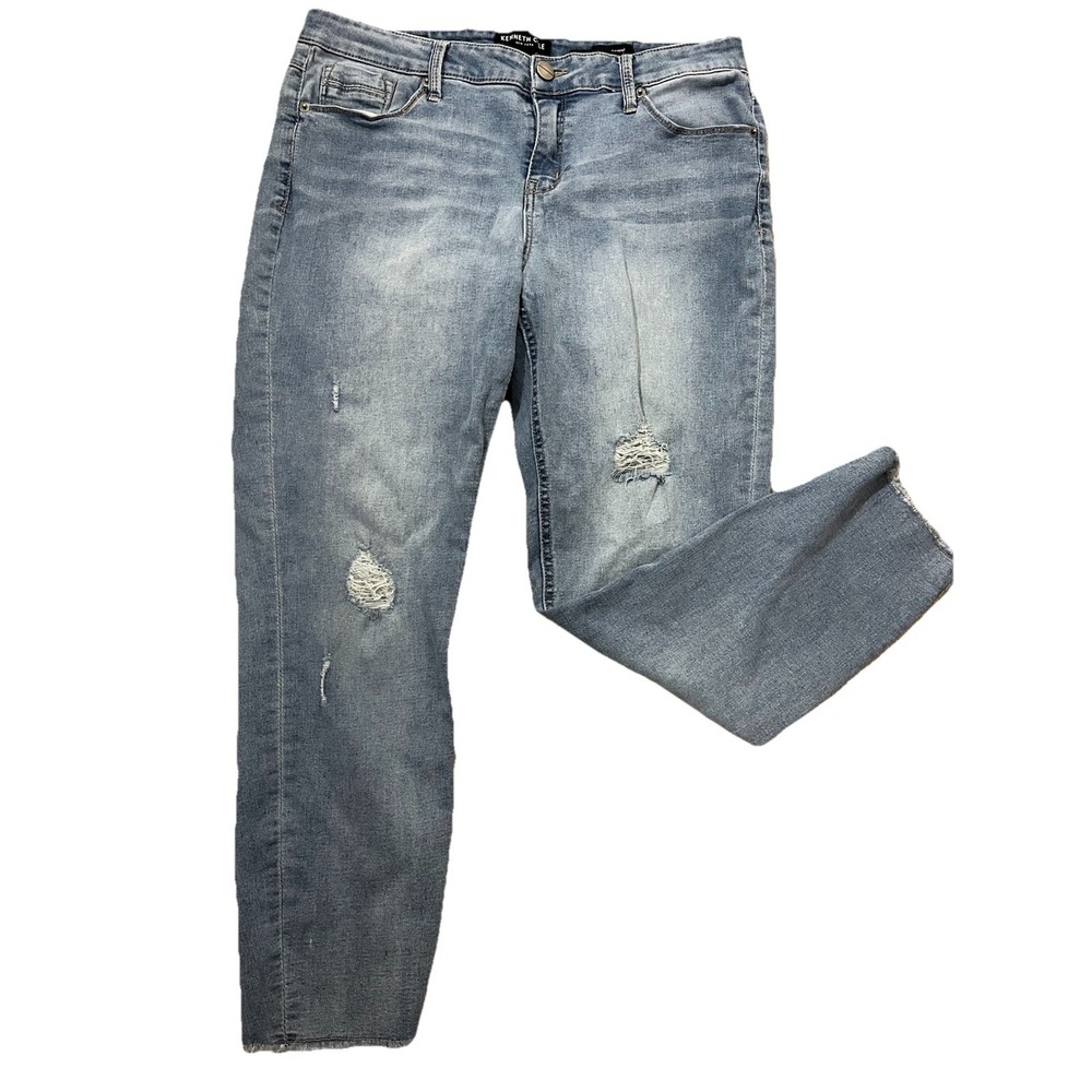 Kenneth Cole New York Jess Skinny Jeans Light Wash Distressed Raw Hem Blue 12